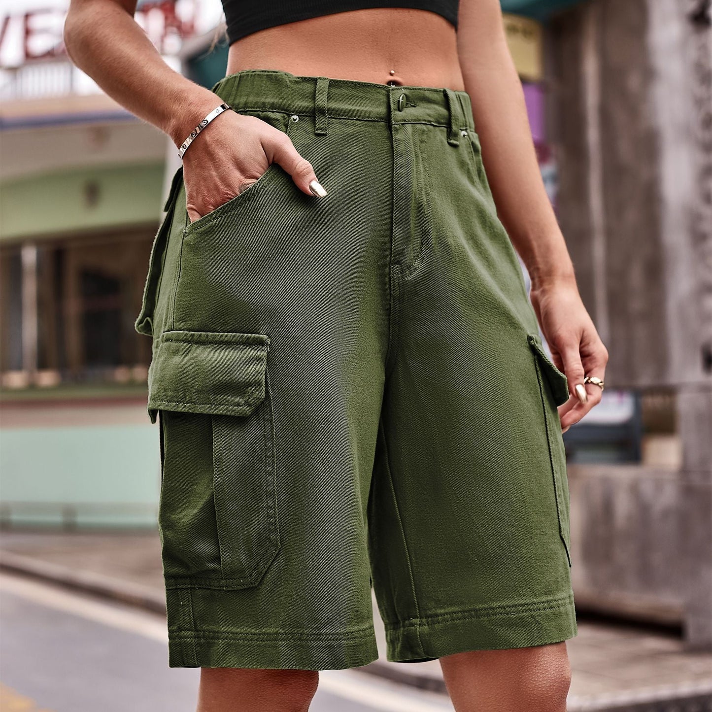 Denim Cargo Shorts with Pockets - Army Green -
