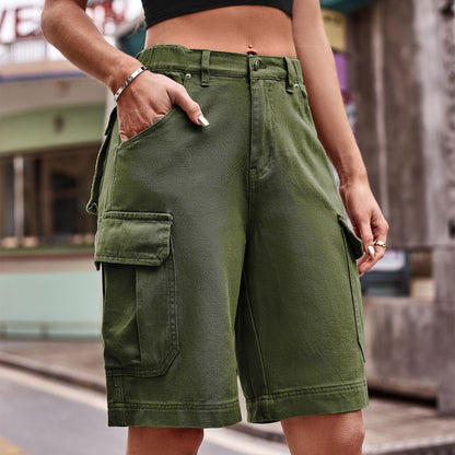 Denim Cargo Shorts with Pockets - Army Green -