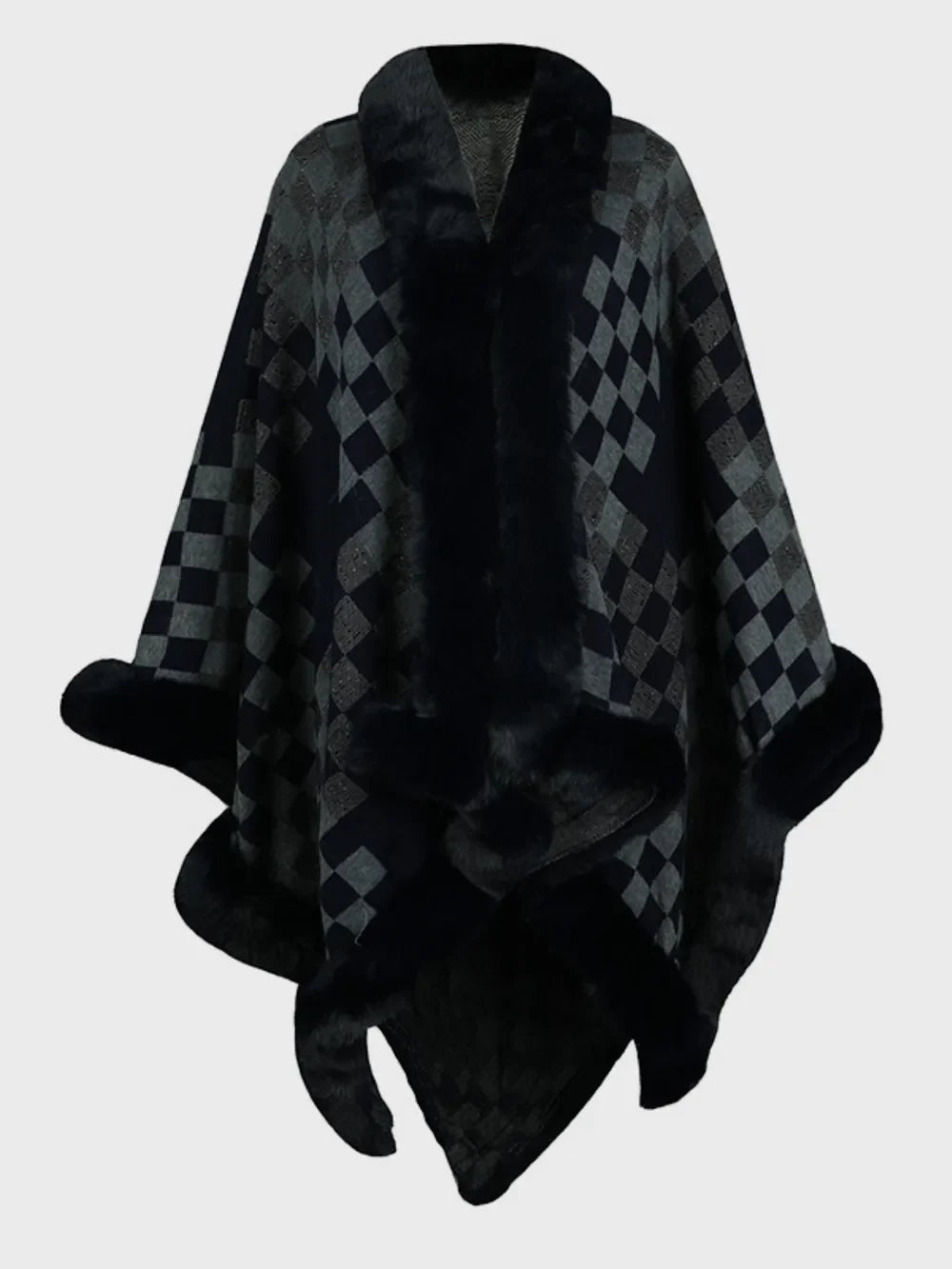 Fuzzy Checkered Long Sleeve Poncho - -