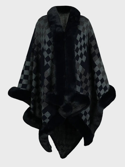 Fuzzy Checkered Long Sleeve Poncho - -
