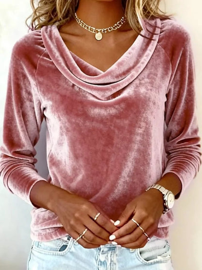 Velvet Cowl Neck Long Sleeve Top - Pink -