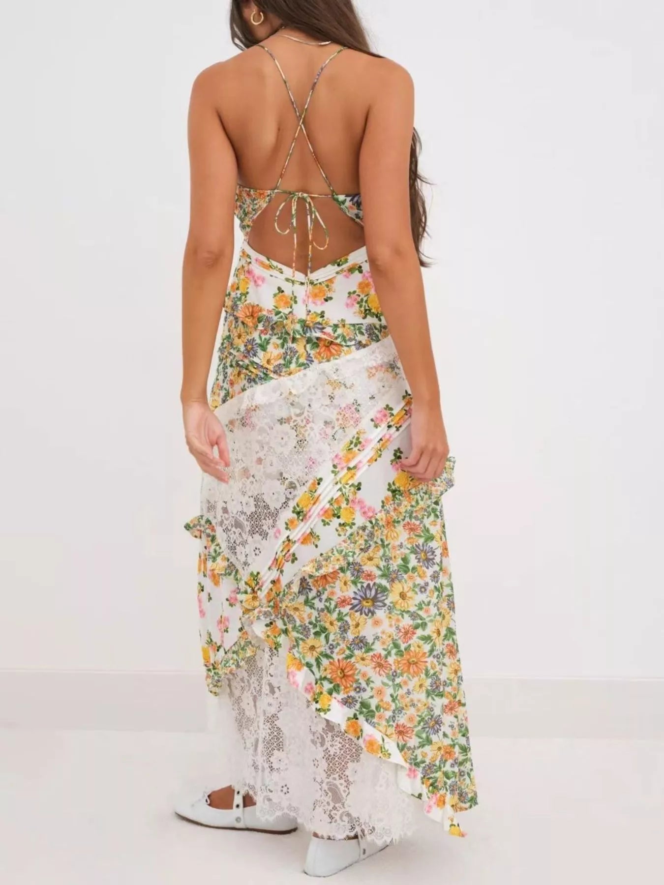 Lace Floral Print Ruffle Trim Maxi Dress - -