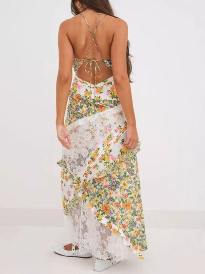 Lace Floral Print Ruffle Trim Maxi Dress - -