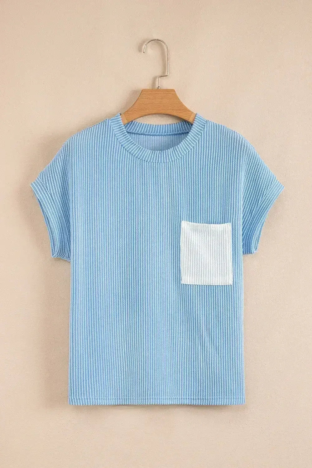 Pink Corded Colorblock Pocket Crew Neck T Shirt - - T Shirts