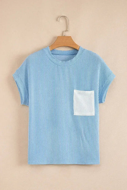 Pink Corded Colorblock Pocket Crew Neck T Shirt - - T Shirts