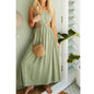Lace-up Waist Collar Sling Cotton and Linen Dress - Green M - dress