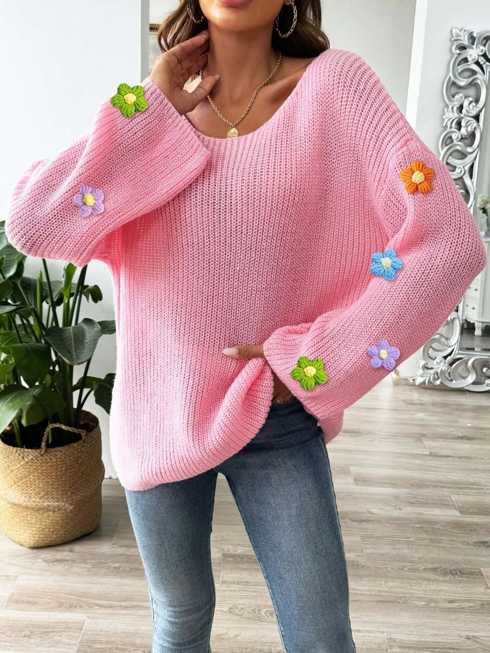 Flower Round Neck Long Sleeve Sweater - -