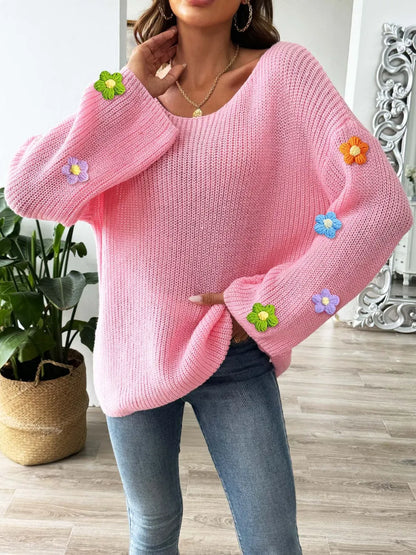 Flower Round Neck Long Sleeve Sweater - -