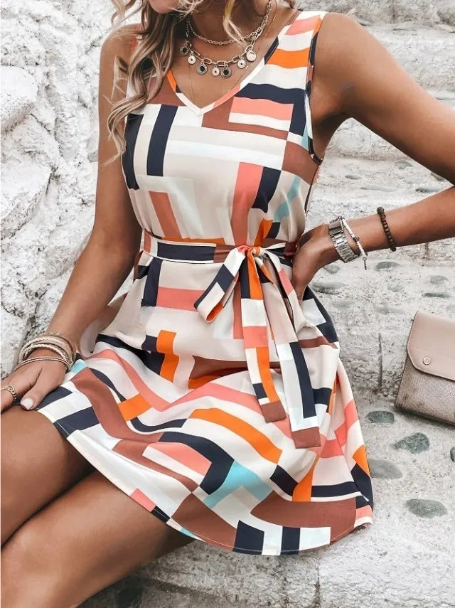 Geometric Print Sleeveless Mini Dress with Belt - -