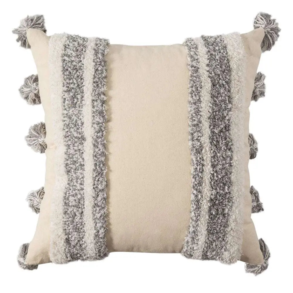 Cotton Macrame Pillow Case Woven Tufted Throw Pillow Cover With Tassel grey cream