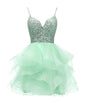 Tulle Beaded Short Prom Dress with Spaghetti Straps Light Green - Light Green 12 - dress
