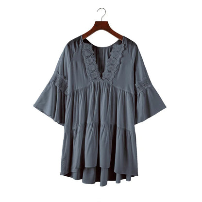 V-Neck Long Sleeve Women Dress Loose Chiffon Blouse Gray