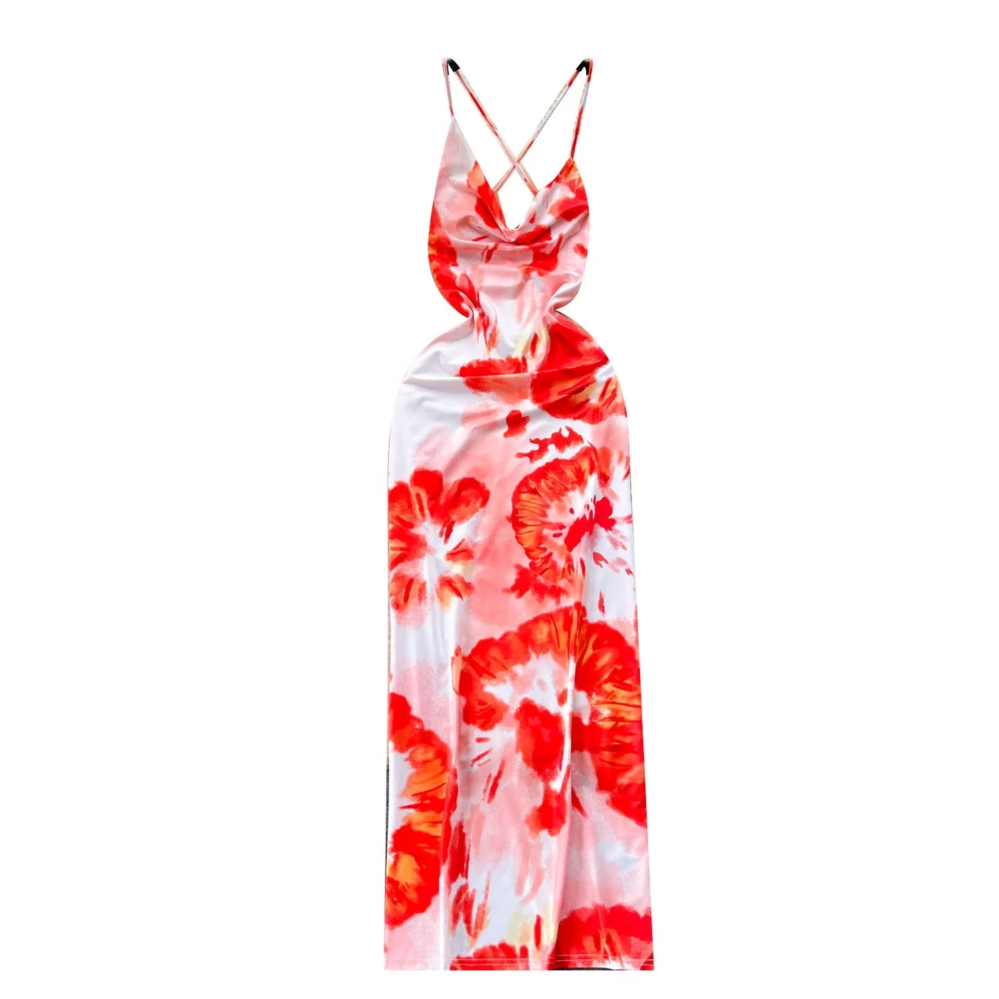 Printed Halter Swing Neck Dresses Women Hollow Out Backless Dresses