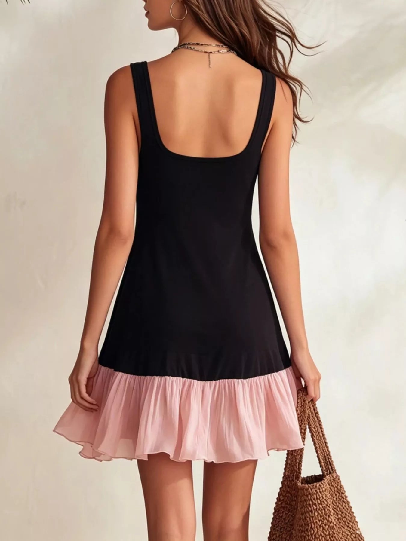 Ruffle Hem Square Neck Mini Dress - -