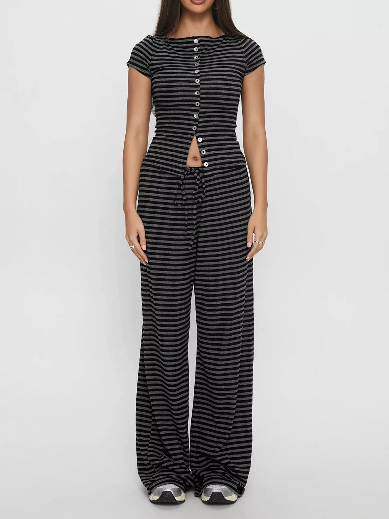 Striped Button-Down Top and Wide-Leg Pants Set- Shopimist- {{Product type}}