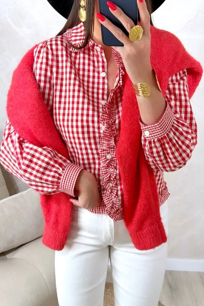 Plaid Long Sleeve Button Down Frill Detail Casual Shirt - -