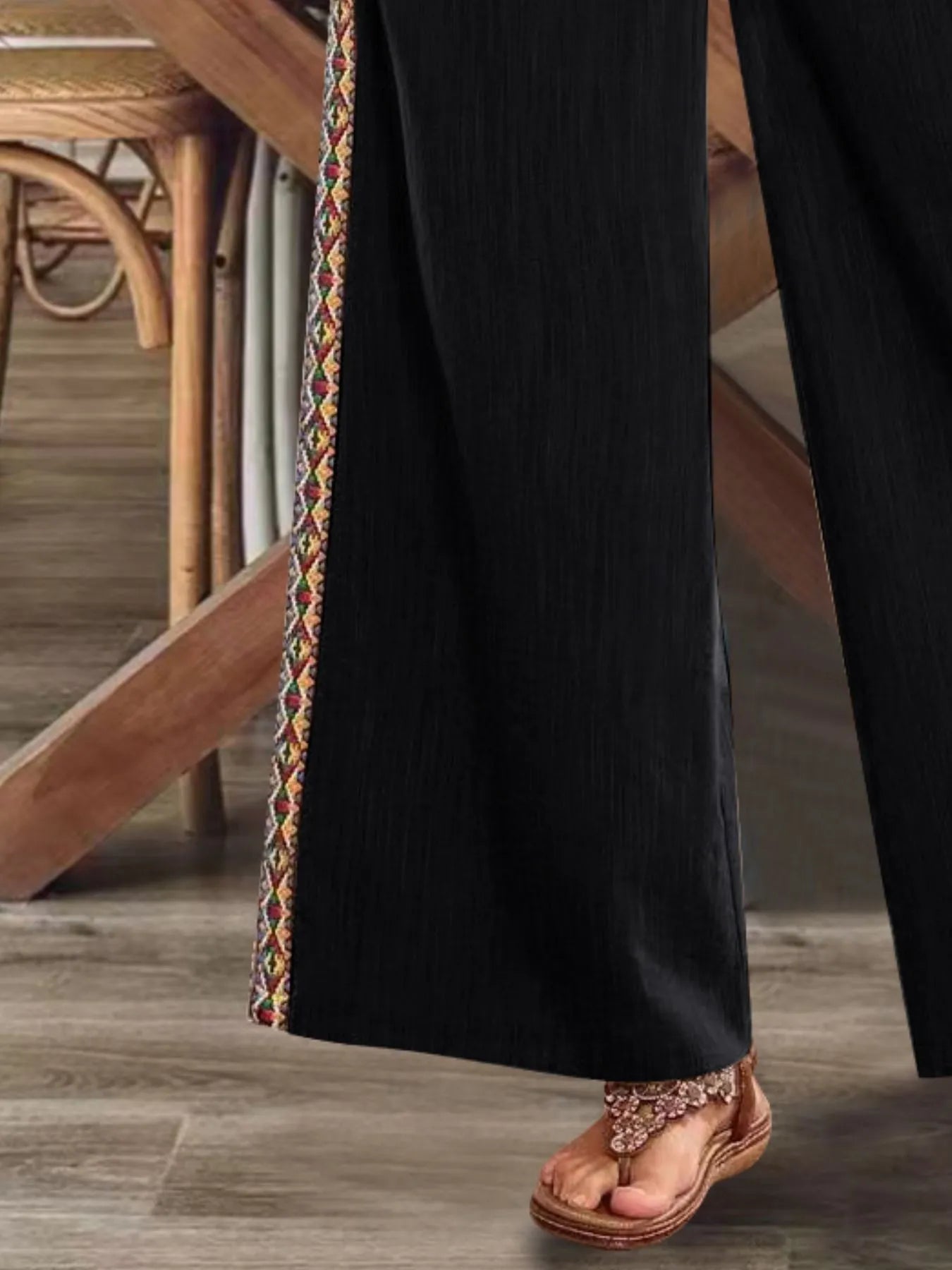 Bohemian Wide Leg Embroidered Side Stripe Pants - -