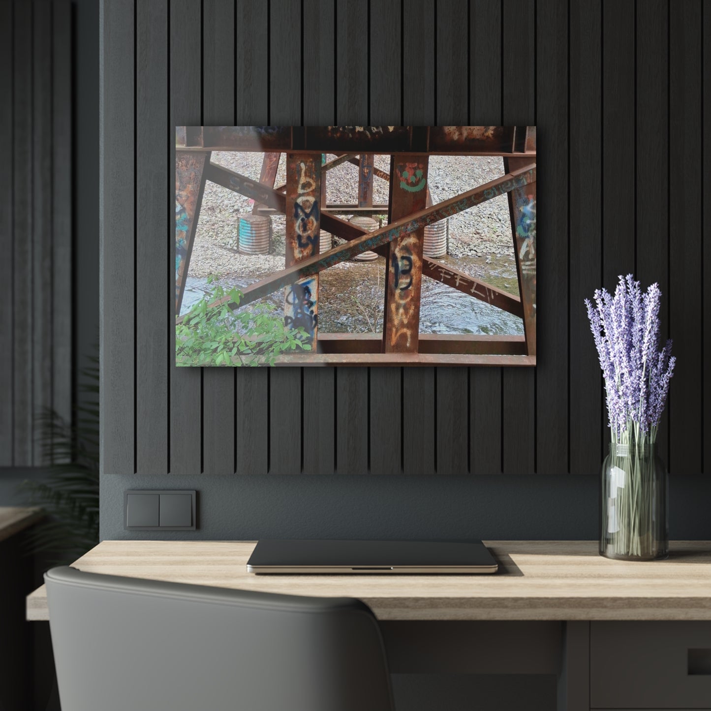 Urban Rusted Bridge Graffiti Acrylic Print French Cleat Hanging - 30″ x 20″ (Horizontal) 0.25'' - Home Decor