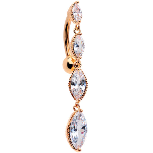 Clear CZ Gem Rose Gold Tone Waterfall Dangle Top Mount Belly Ring - - BELLY RING