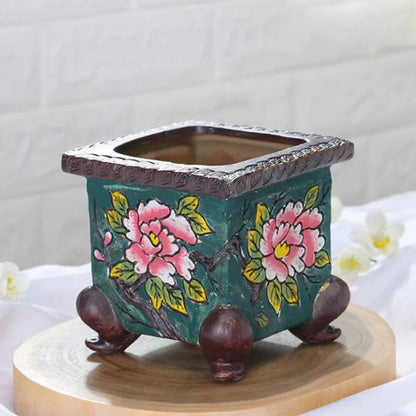 Korean-Style Hand-Painted Floral Ceramic Pot – Succulent & Bonsai Planter - - Planter