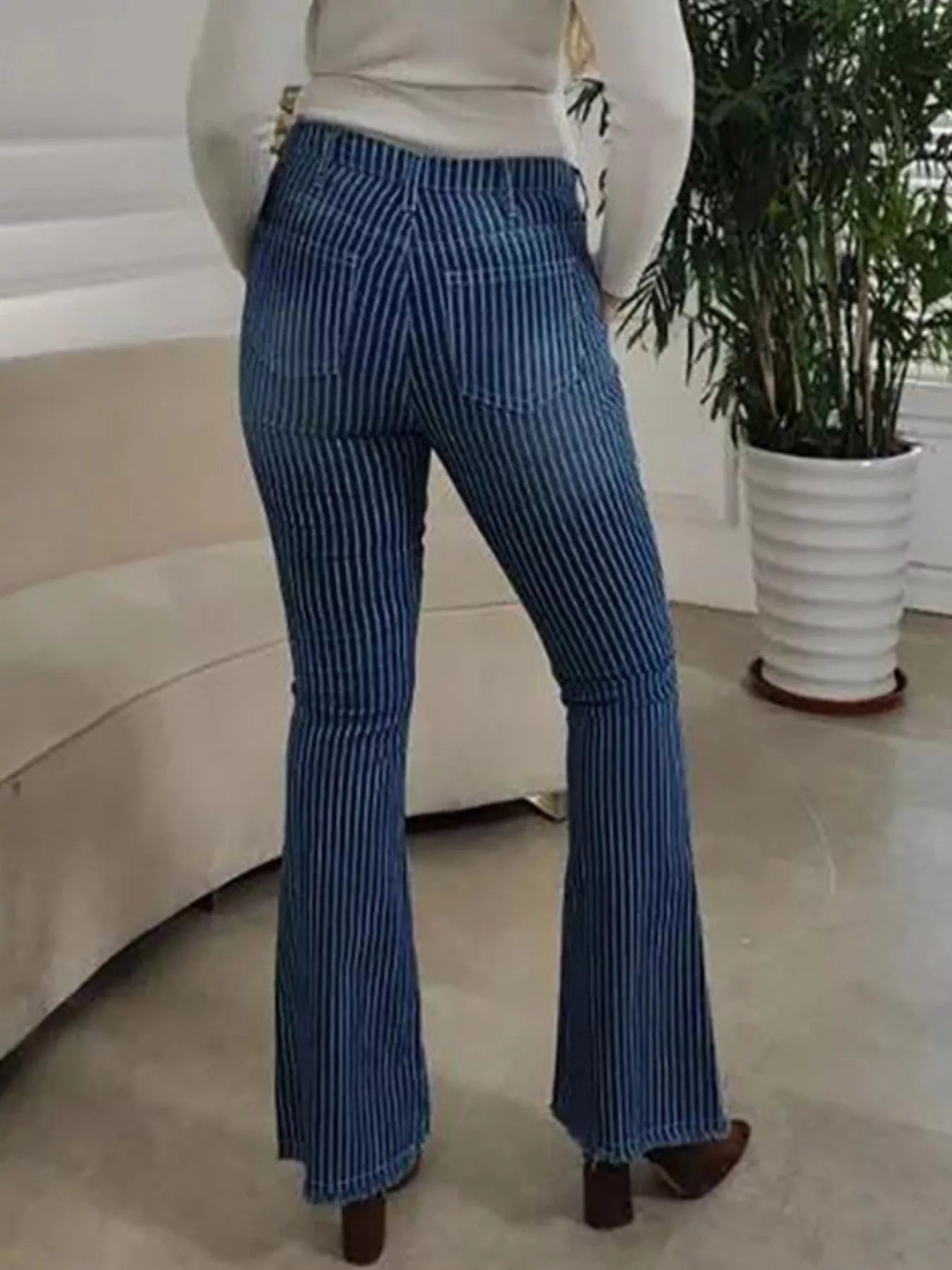 Striped Button Fly Flare Jeans - -