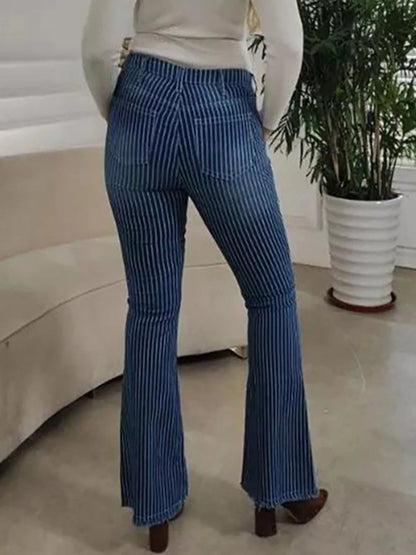 Striped Button Fly Flare Jeans - -