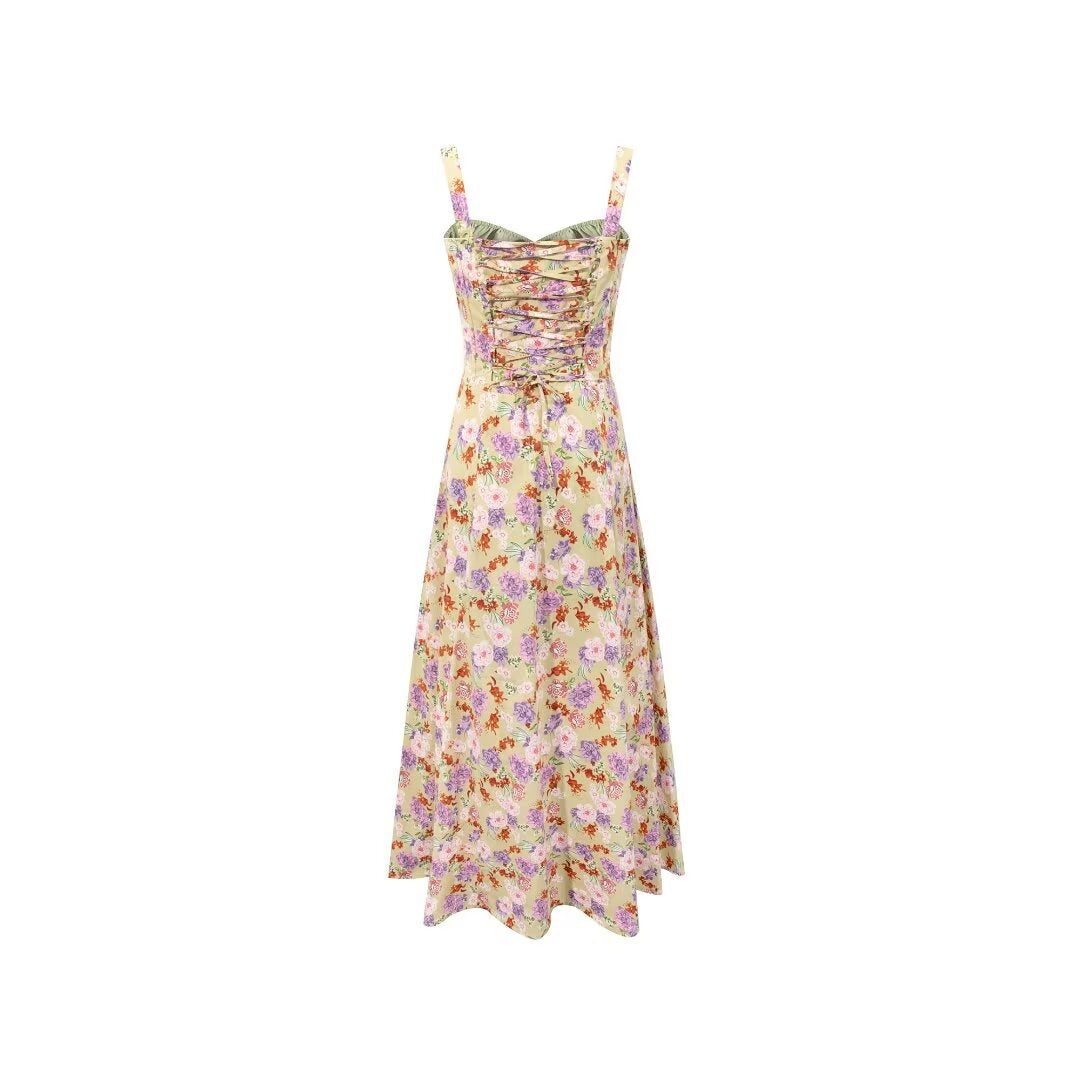 French Vintage Floral Strap Dress - - dress