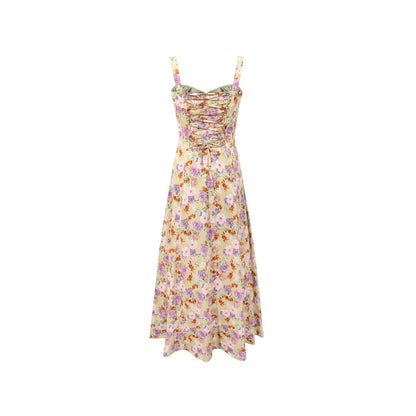 French Vintage Floral Strap Dress - - dress