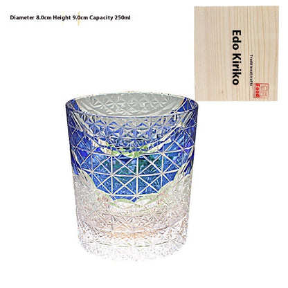 Edo Kiriko Japanese Handmade Cut Glass Cup – Single or Set of 4 - Blue Wooden Box - Glass Art