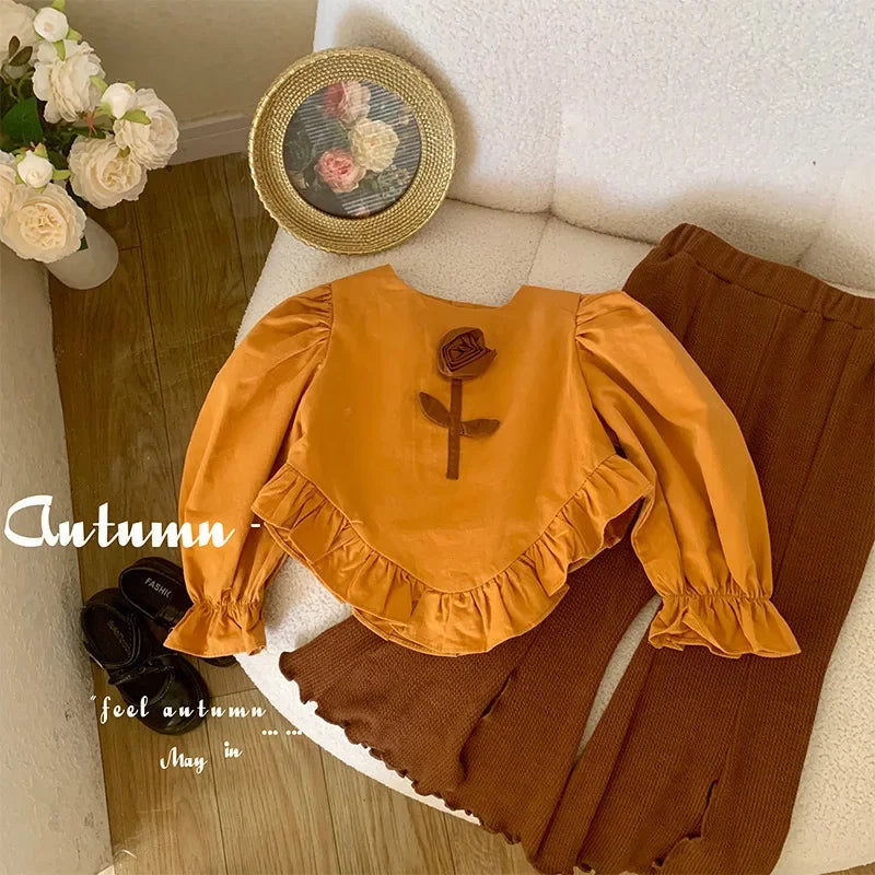 Long Sleeve Shirt and Jeans 2pc Set orange brown