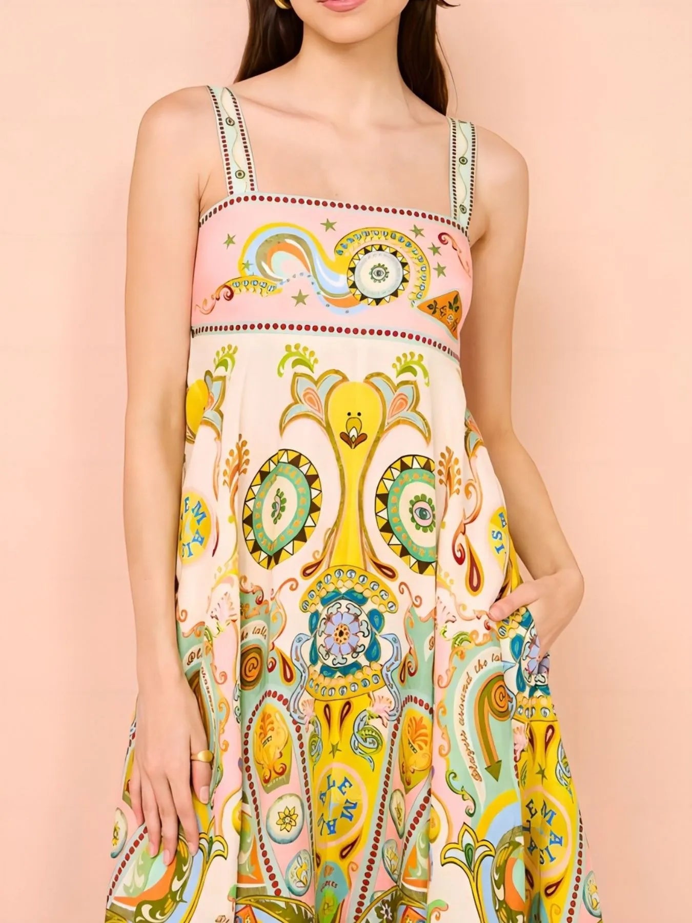 Paisley Print Square Neck Summer Dress - -