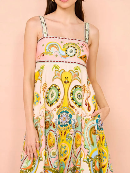 Paisley Print Square Neck Summer Dress - -