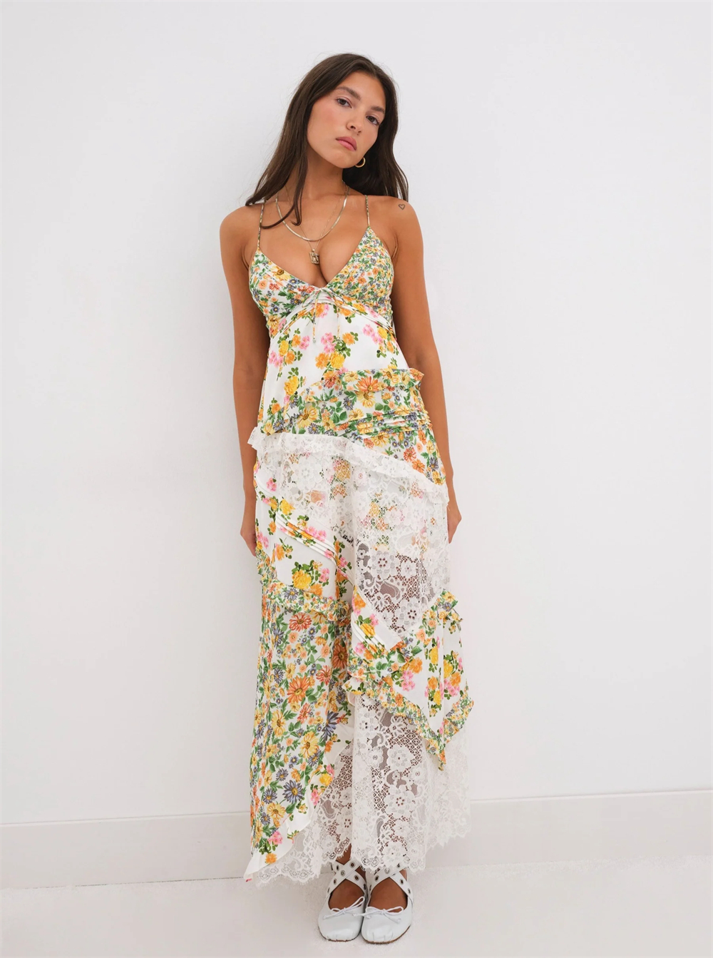 Womens Printed Halter Patchwork Hem Long Dresses - - dress
