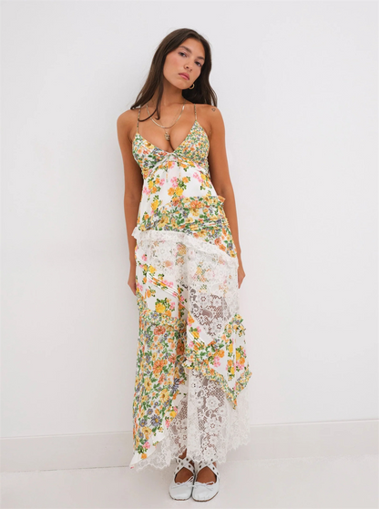 Womens Printed Halter Patchwork Hem Long Dresses - - dress