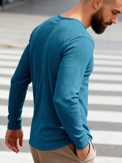 Men's Full Size Casual Ribbed Long Sleeve T-Shirt Plus Size - -