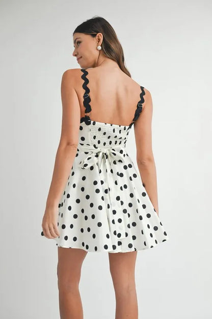 Polka Dot Mini Dress with Ricrac Trim Strap – Fun Polka Dot Pattern, Fluttering, Unique Ricrac Trim Strap, Playful and Stylish Mini Dress, Versatile Summer Dress - - ST25JK983762