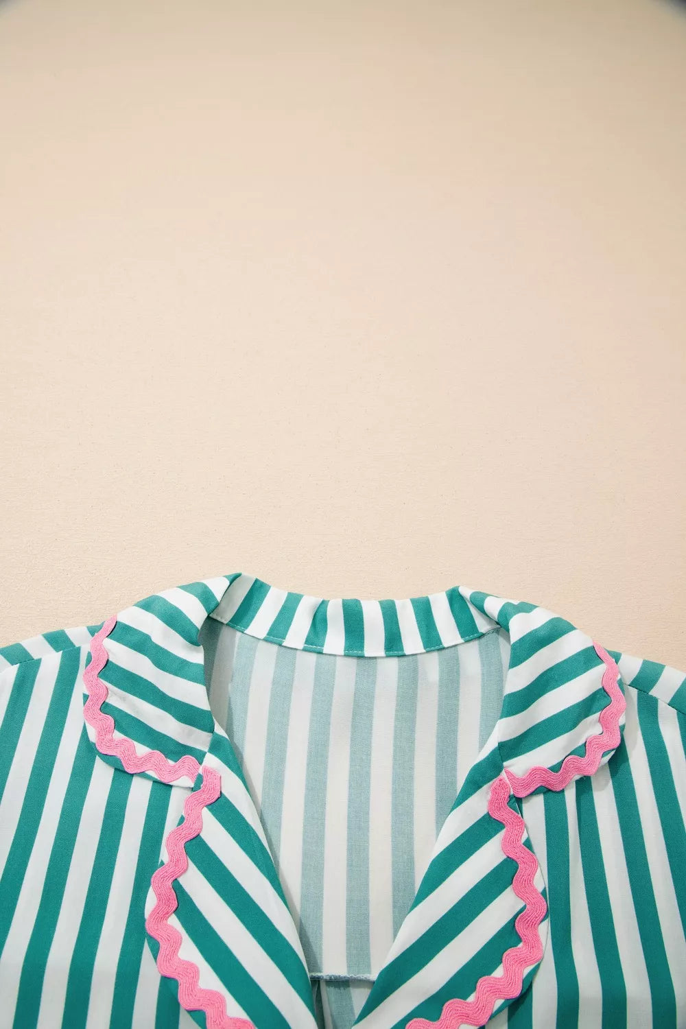 Stripe Contrast Ricrac Trim Long Sleeve Shirt Drawstring Ruffled Pajama Short Set- Shopimist- {{Product type}}