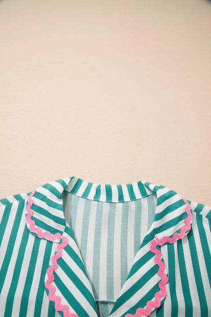 Stripe Contrast Ricrac Trim Long Sleeve Shirt Drawstring Ruffled Pajama Short Set- Shopimist- {{Product type}}
