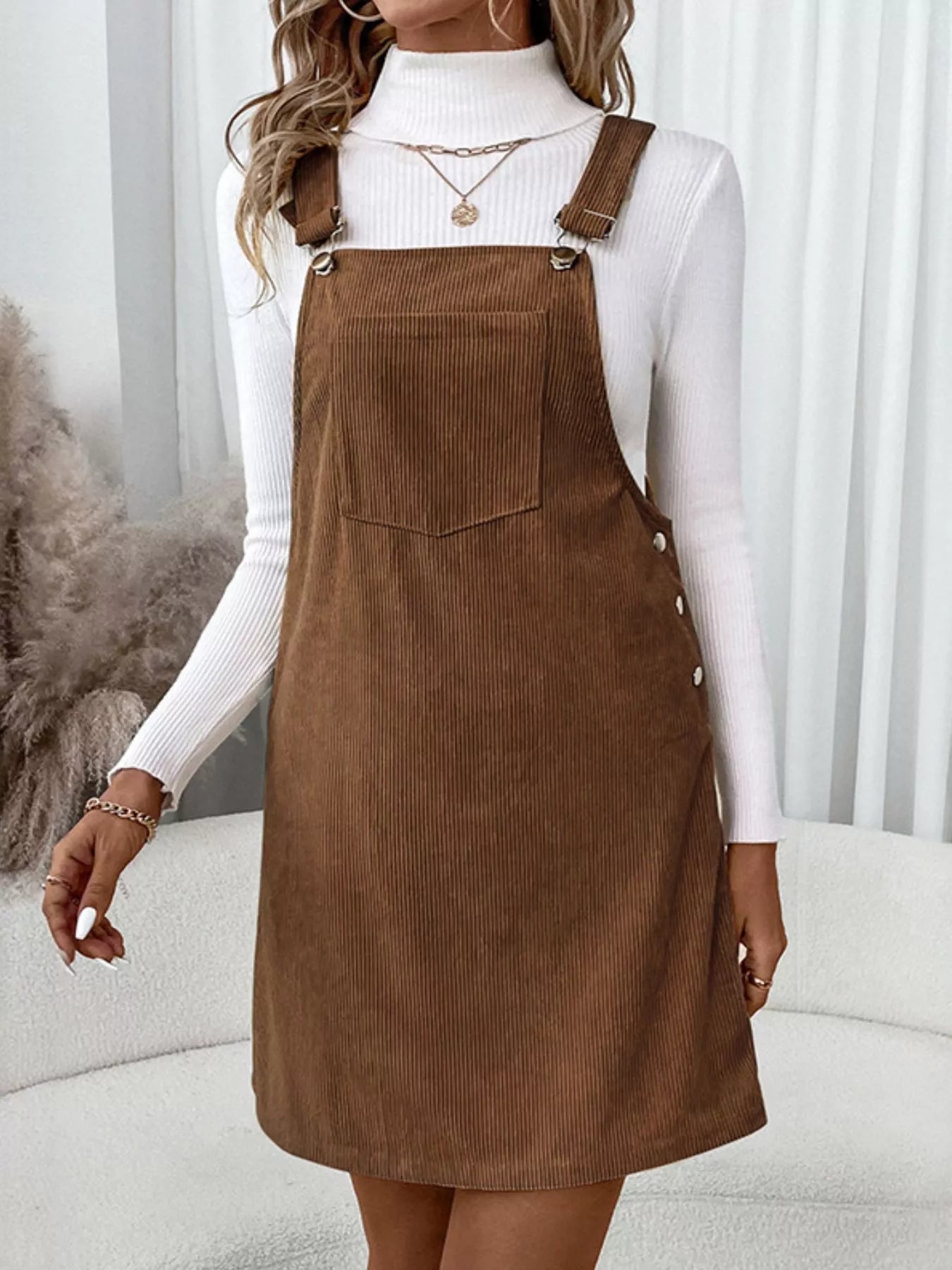 Corduroy Overall Mini Dress with Adjustable Straps - -