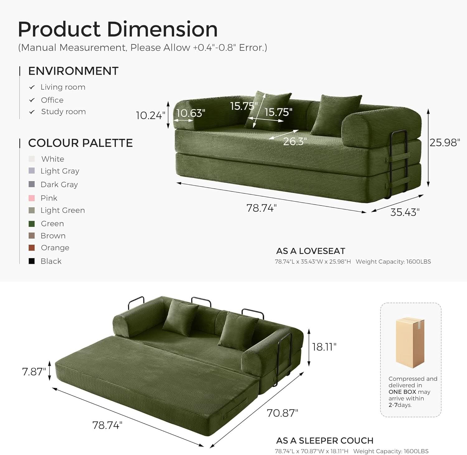 Green Convertible Sofa Bed With Removable Armrests- ShipItFurniture- {{Product type}}