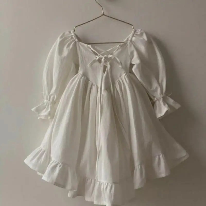 Girls Solid Ruffle Puff Sleeve Cotton Linen Dress