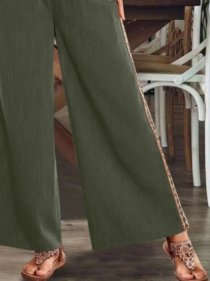 Bohemian Wide Leg Embroidered Side Stripe Pants - -