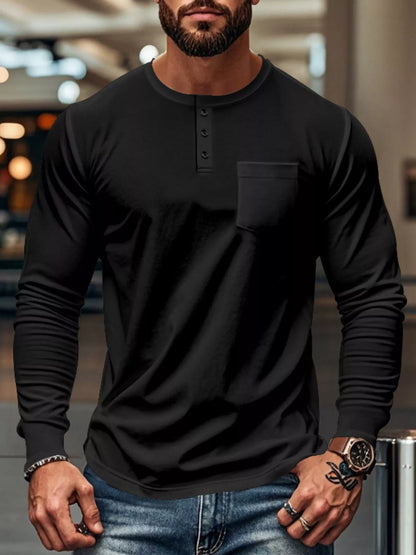Men's Plus Size Casual Long Sleeve Henley T-Shirt with Pocket - Black -