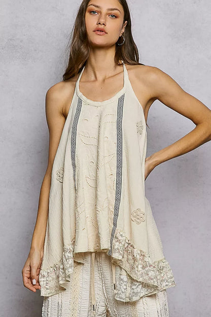 Lace Ruffle Halter Neck Double Gauze Top with Crochet Patch - NATURAL - Top