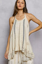 Lace Ruffle Halter Neck Double Gauze Top with Crochet Patch - NATURAL - Top