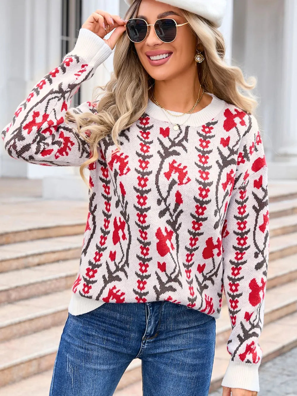 Angel Wings Flower Round Neck Long Sleeve Sweater - Scarlet -