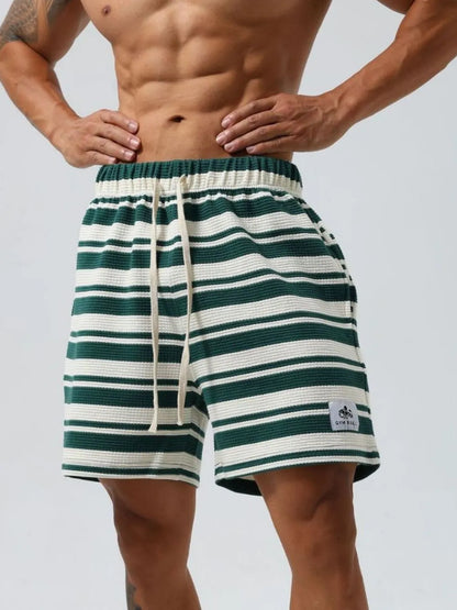 Men's Plus Size Drawstring Striped Shorts - Dark Green -