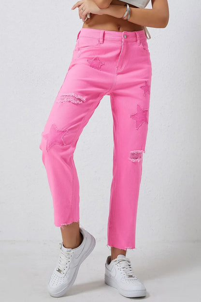 Star Raw Hem Distressed Jeans - Pink -