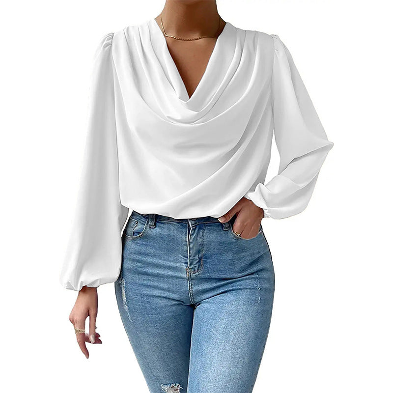 Chiffon Long Sleeve Shirt Loose v -Neck Top