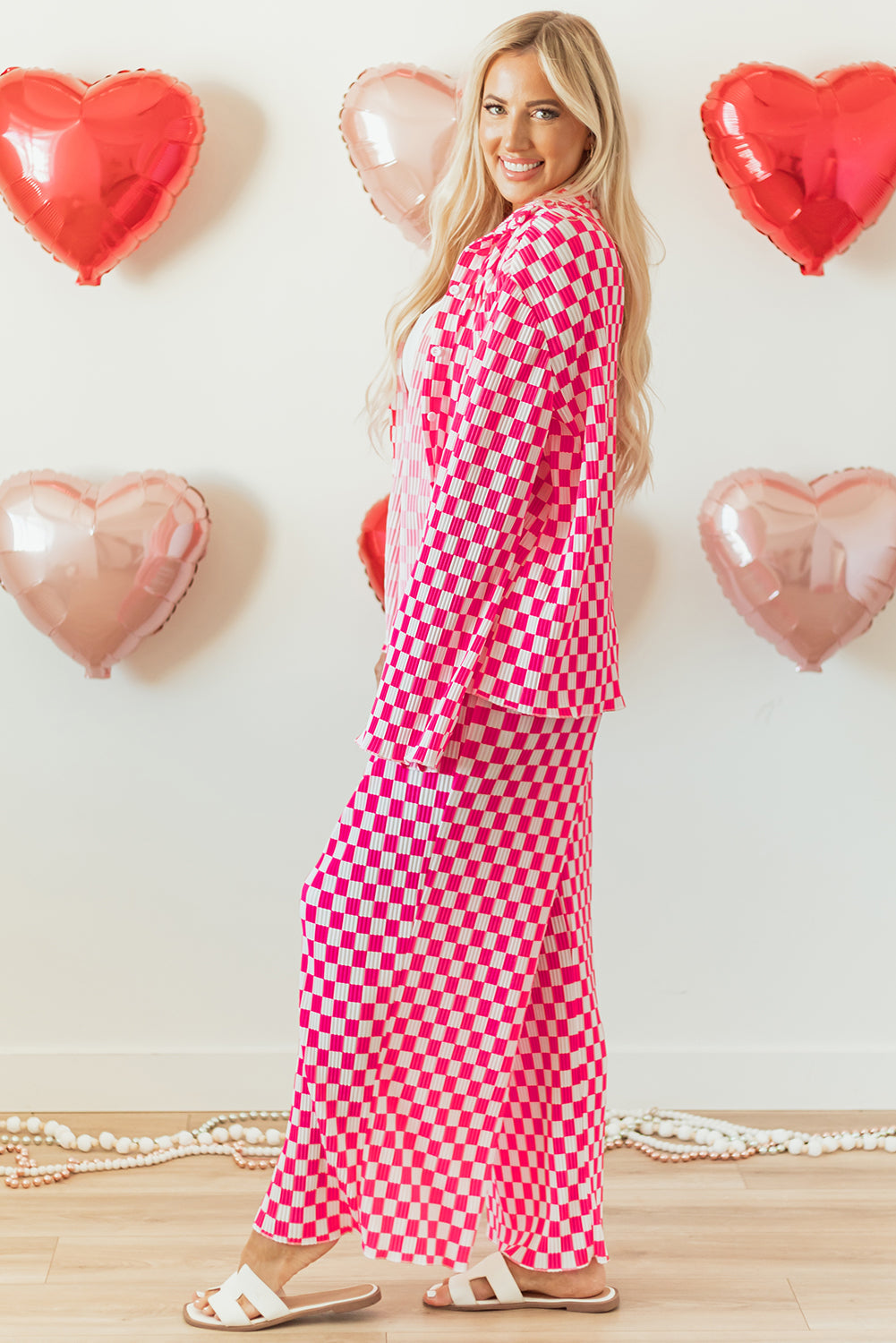 Pink Checkered Buttoned Shirt and High Waist Pants Pajama Set - - Loungewear & Sleepwear/Sleepwear